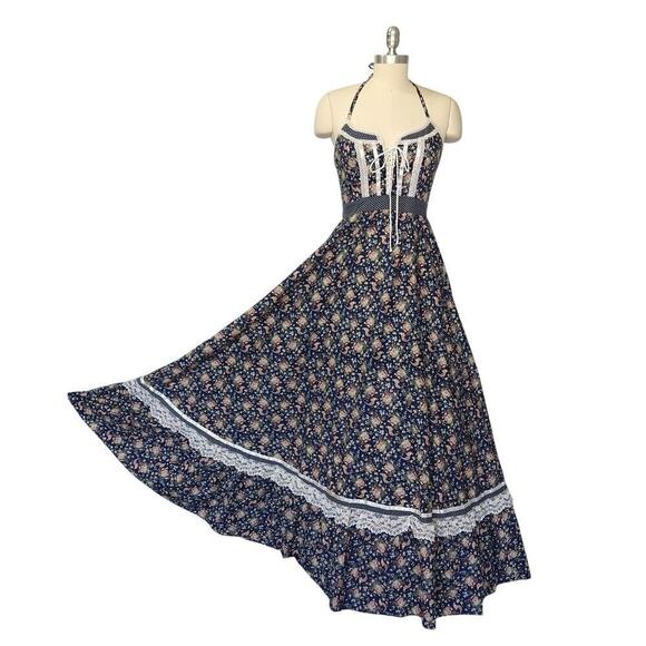 Gunne Sax Rooster Print Halter Dress Size 9 S Corset Lace Up Maxi Vintage 70s - Picture 2 of 13